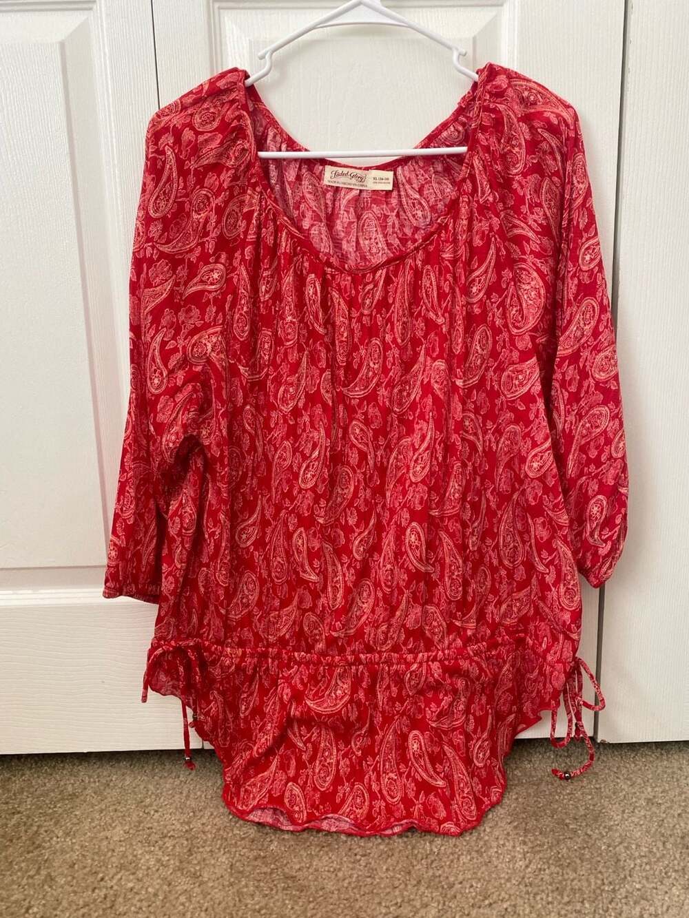 Faded Glory Plus Size XL 16-18 Red Paisley Boho Peasant Blouse